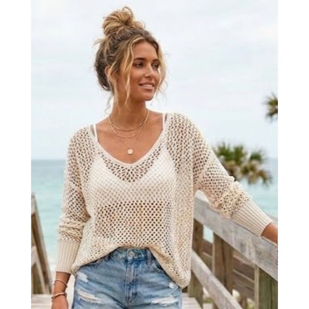 Two Sisters Cream Open Knit Relaxed Sweater Size M/L Slouchy Beach Cover-up